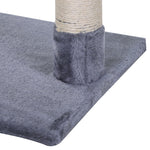 Tiragraffi per gatti, 3 colonne in sisal naturale, piattaforma, amaca e pallina sospesa, dim. 50L x 36P x 70A cm, in peluche corto grigio