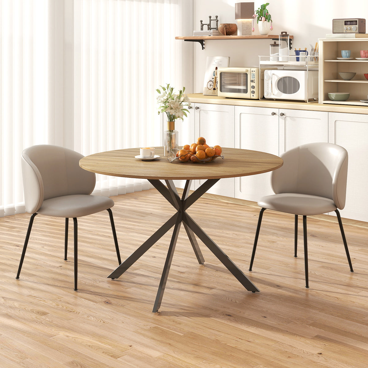 Table à manger ronde pour 4 personnes 120 cm style industriel avec plateau aspect bois, piètement croisé en acier, chêne