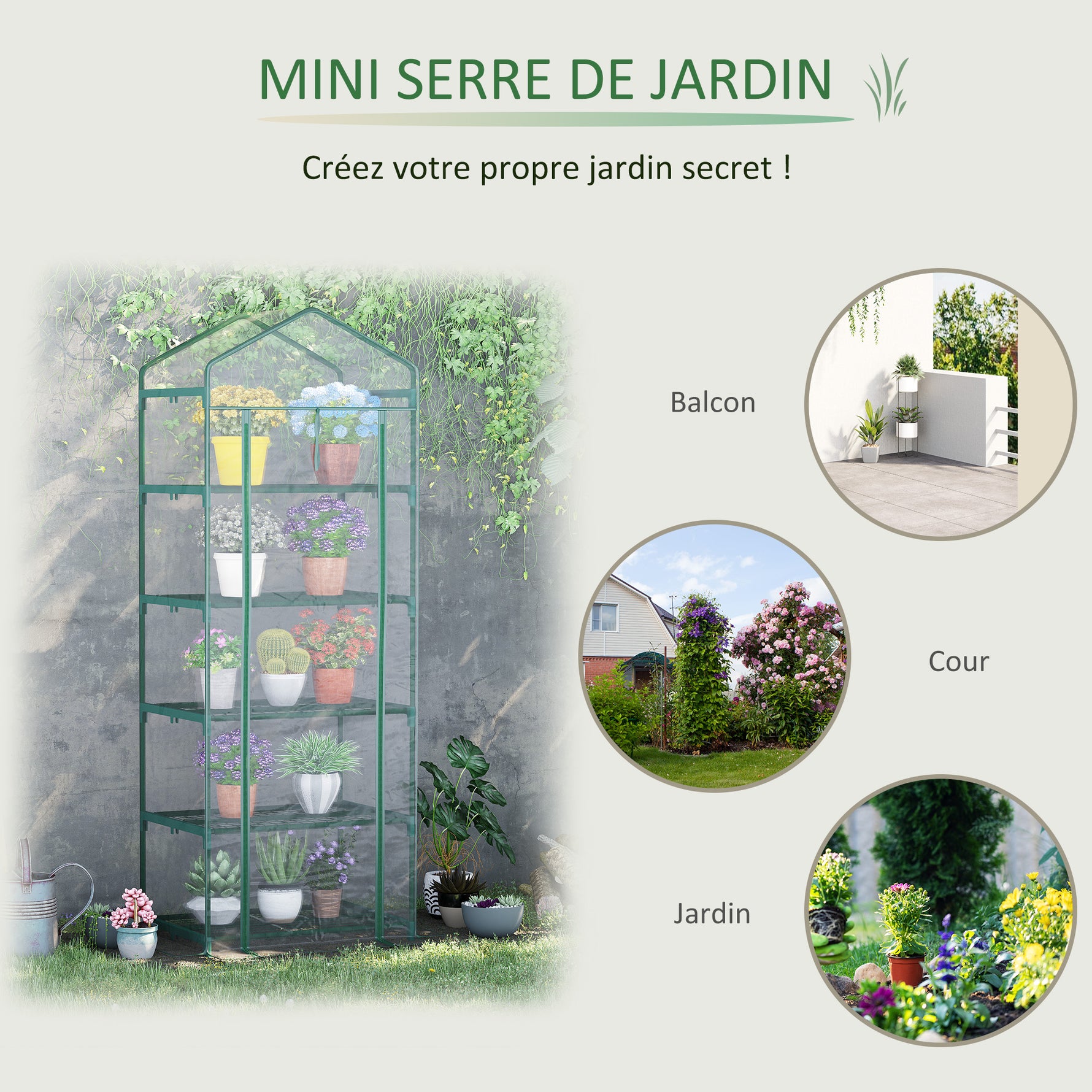 Serre de jardin PVC avec étagères 5 niveaux, serre de balcon, bâche renforcée 135 g/m², châssis en acier, porte zippée enroulable, pour légumes plantes fleurs, 69 x 49 x 193 cm, transparent