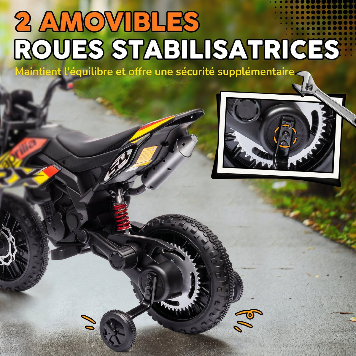 Moto électrique enfants sous licence Aprilia avec 2 moteurs 12V, roues d'entraînement, lumière LED, musique - jaune