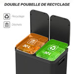 Poubelle de cuisine à double compartiment 2 x 30L avec pédale en acier inoxydable, couvercle à fermeture douce, noir