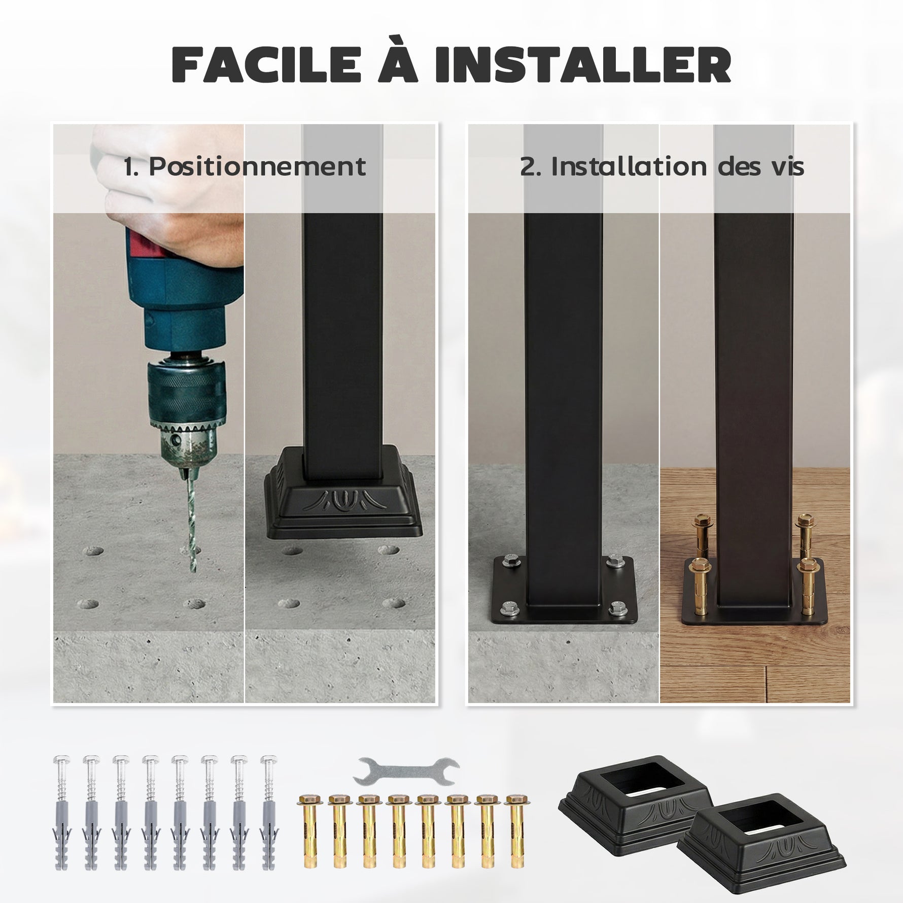 Rampe d'Escalier Extérieure pour 1 à 4 Marches, Main Courante Escalier en Métal avec Kit d'Installation, Noir