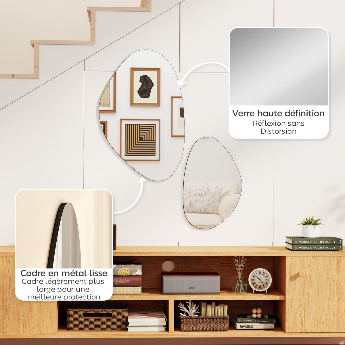 Lot de 2 miroirs muraux, miroirs décoratifs irréguliers en forme de galet, cadre en métal, 70 x 46 cm/49,5 x 31 cm, noir