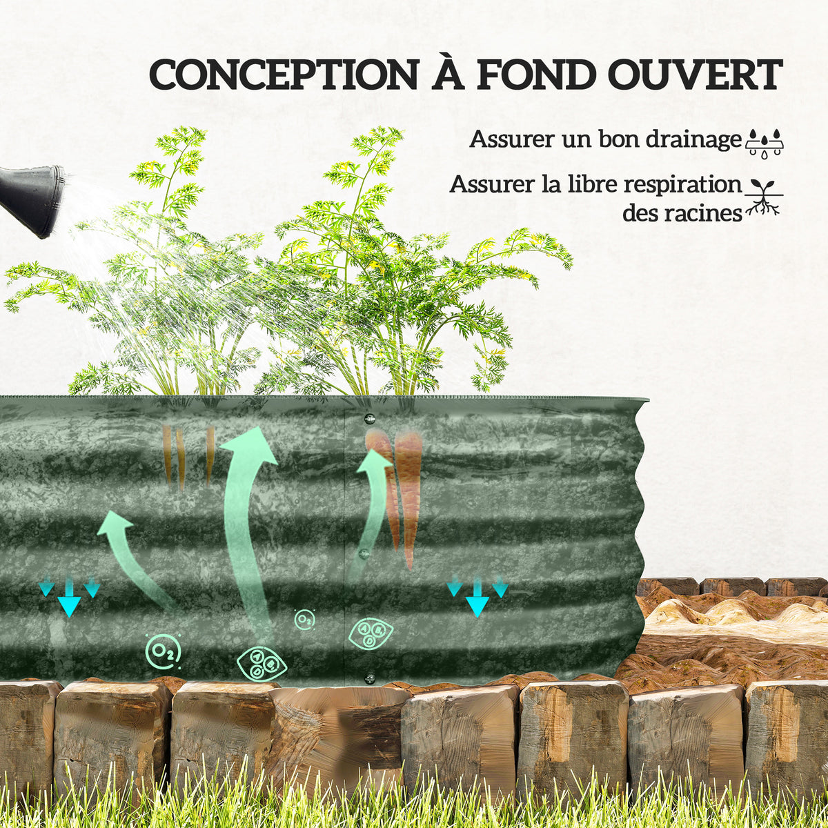 Jardinière surélevée carré potager de jardin en acier modulable légumes, plantes, fleurs, dim. 150 x 62 x 30 cm vert-4