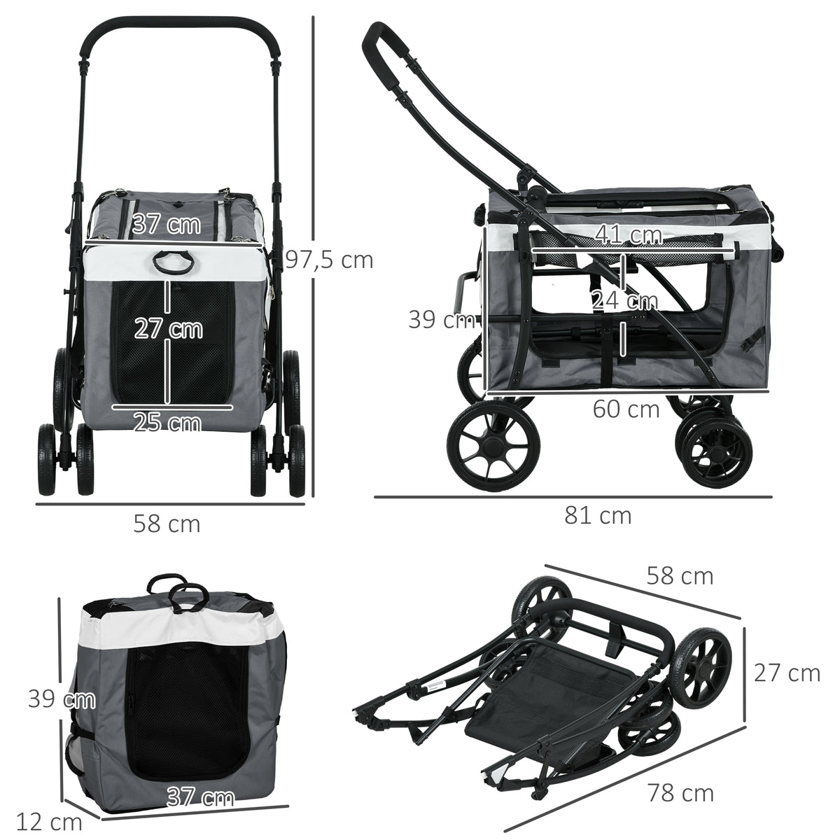 Cochecito plegable para mascotas perro gato capazo extraíble correas 4 ruedas 81 x 58 x 97,5 cm gris