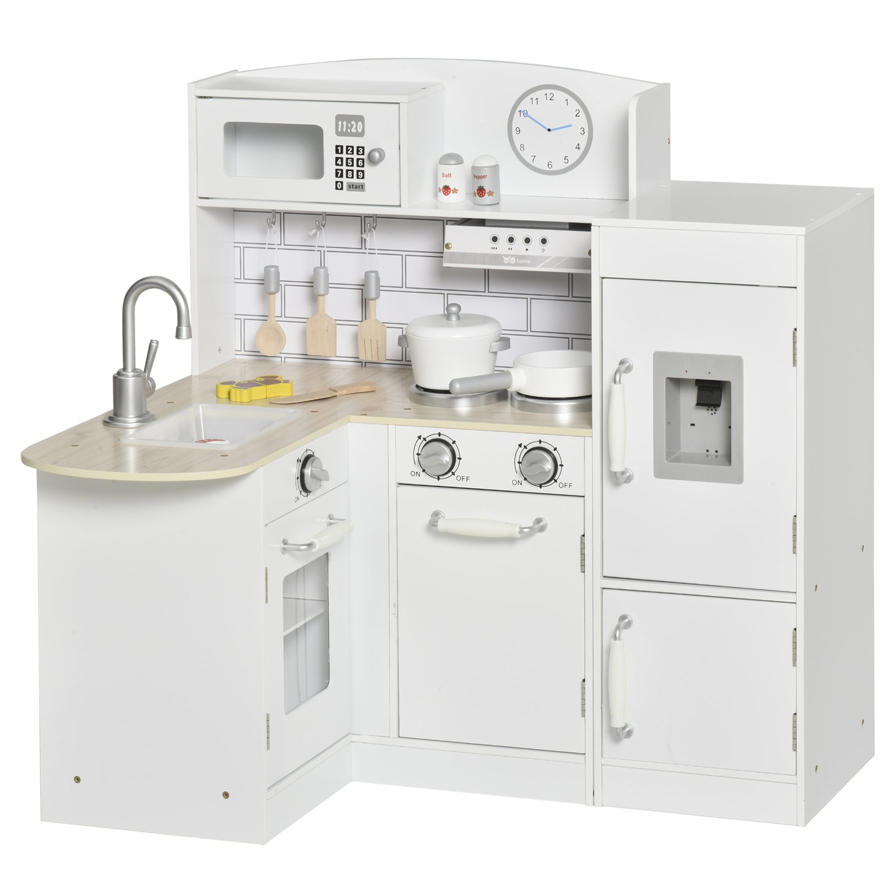 Cuisine Bois Jeu d'imitation - Cuisine Enfant 3+ Ans - Nombreux Accessoires & rangements Inclus - micro-ondes, hotte, évier avec robinet - MDF pin Blanc