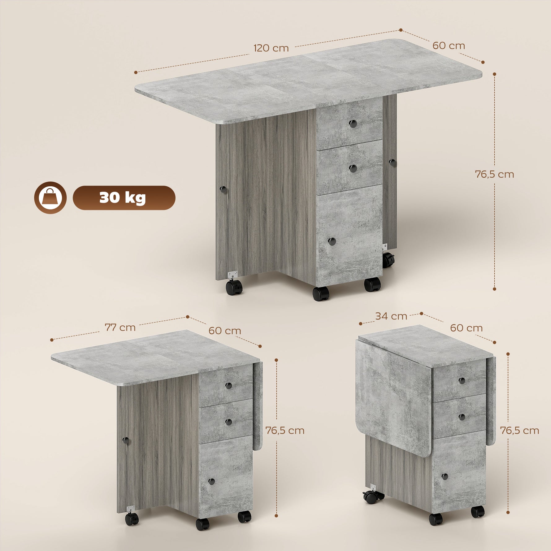 Table de cuisine pliable table à manger pliante 2 plateaux rabattables avec 2 tiroirs 1 placard et 1 étagère de rangement 120 x 60 x 76,5 cm - gris