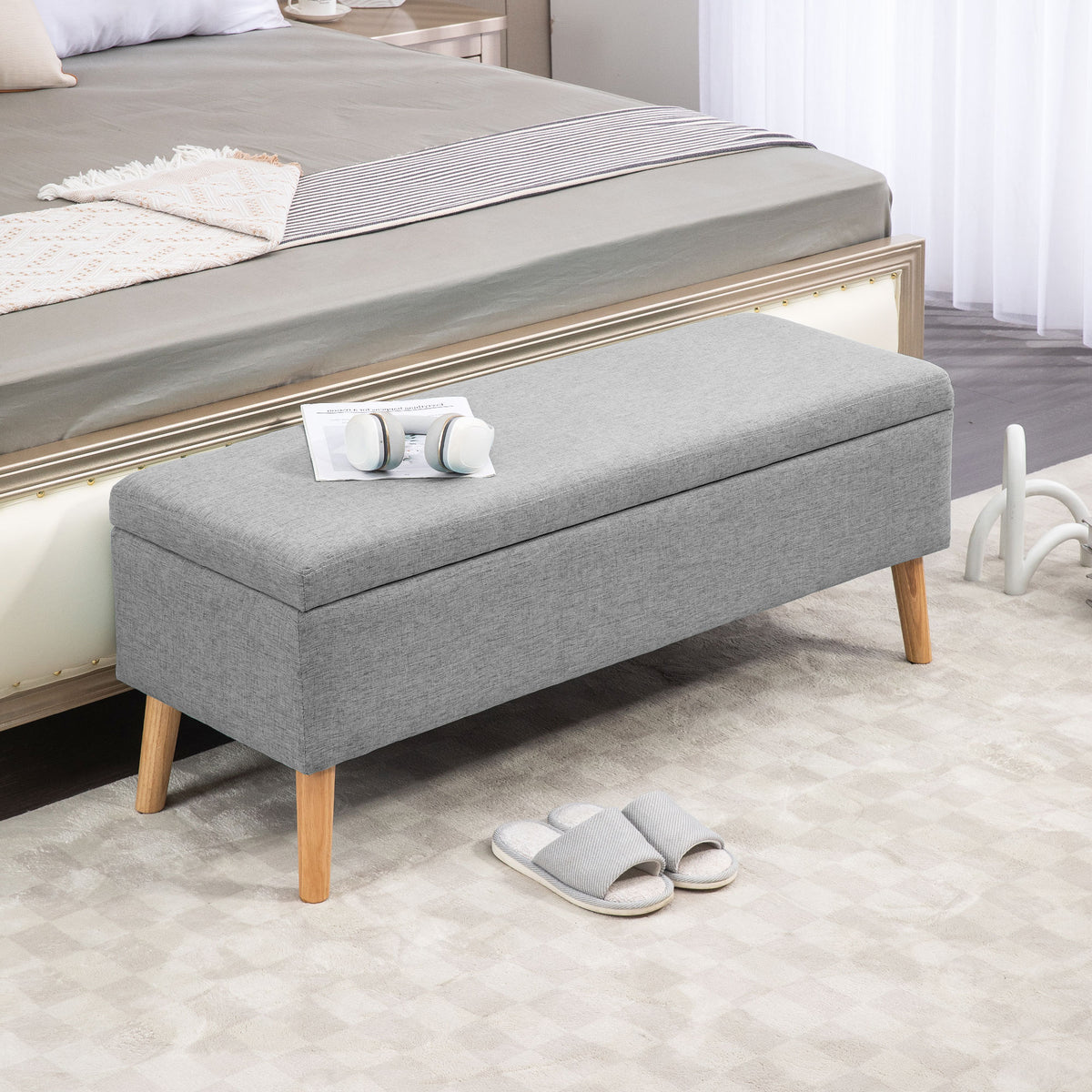 Banc coffre rangement rembourré aspect lin pour chambre à coucher, entrée, salon, charge 220 Kg, 110 x 39 x 45 cm, gris