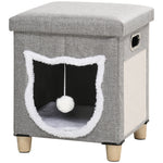 2-in-1 overdekte kattenmand voor binnen, houten poten, uitneembaar en wasbaar kussen, speelbal, 35,5x35,5x42,5cm, grijs