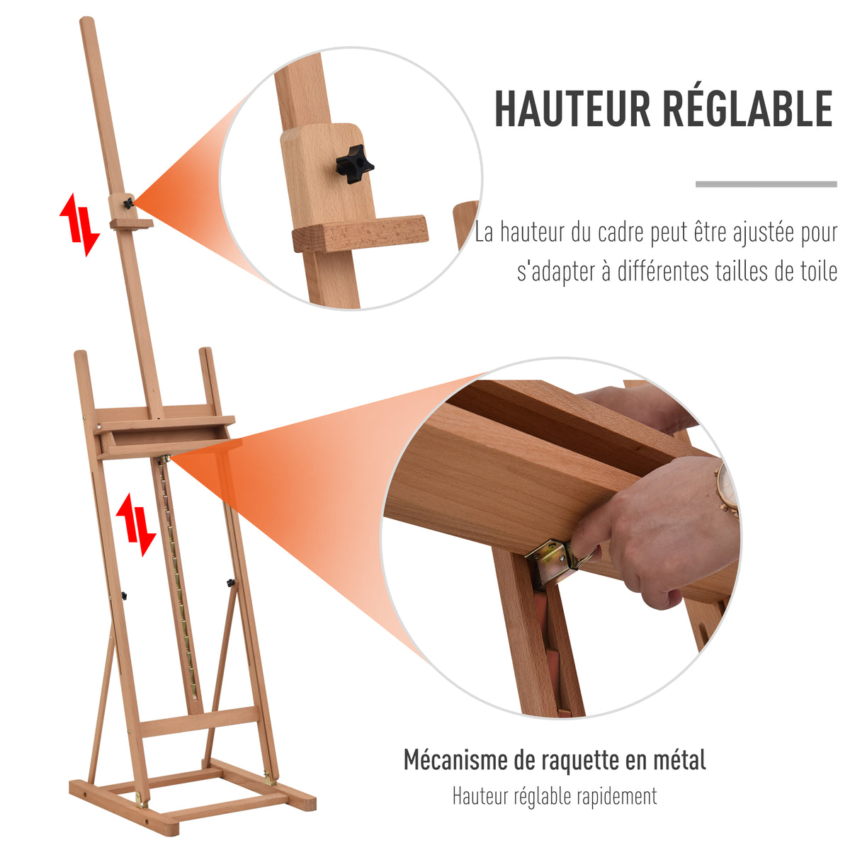 Chevalet en bois hauteur réglable 171-230cm Chevalet Peinture avec rangement inclinaison réglable 80° max. bois naturel