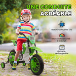 Moto Cross électrique pour Enfant 3 à 5 Ans 12 V 3-8 Km/h avec roulettes latérales Amovibles dim. 106,5L x 51,5l x 68H cm Vert