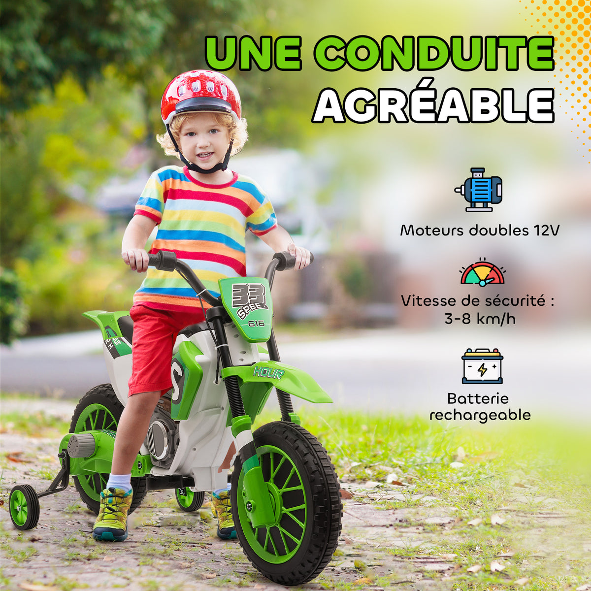 Moto Cross électrique pour Enfant 3 à 5 Ans 12 V 3-8 Km/h avec roulettes latérales Amovibles dim. 106,5L x 51,5l x 68H cm Vert