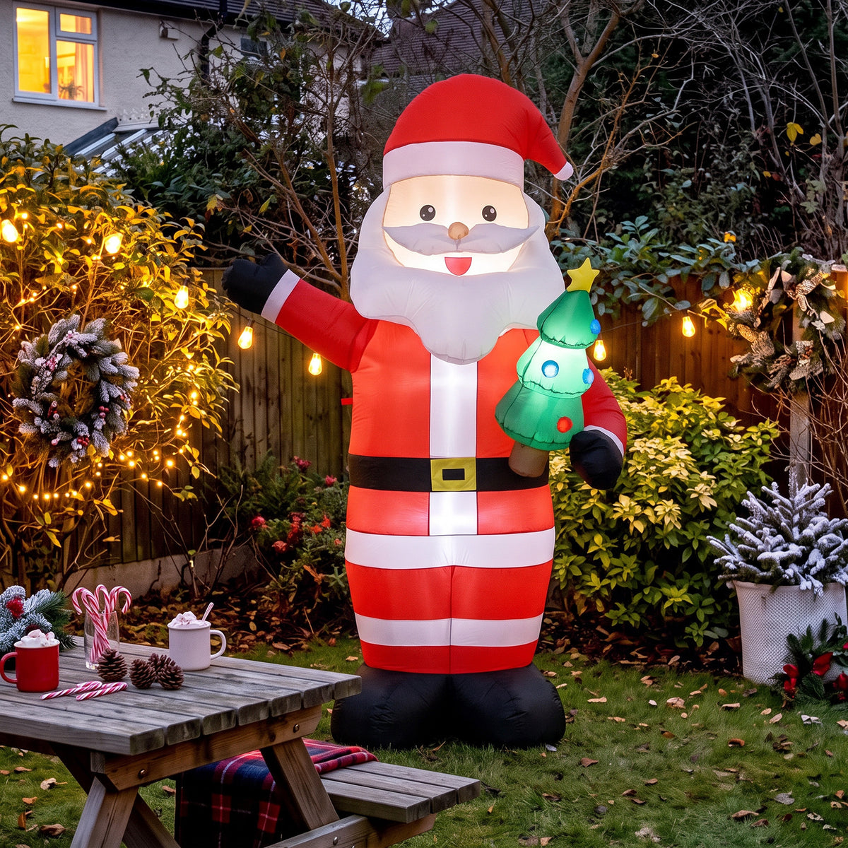 Père Noël Gonflable de 243 cm avec Lumières LED, Matériel Fixation et Souffleur, Intérieur et Extérieur, Rouge