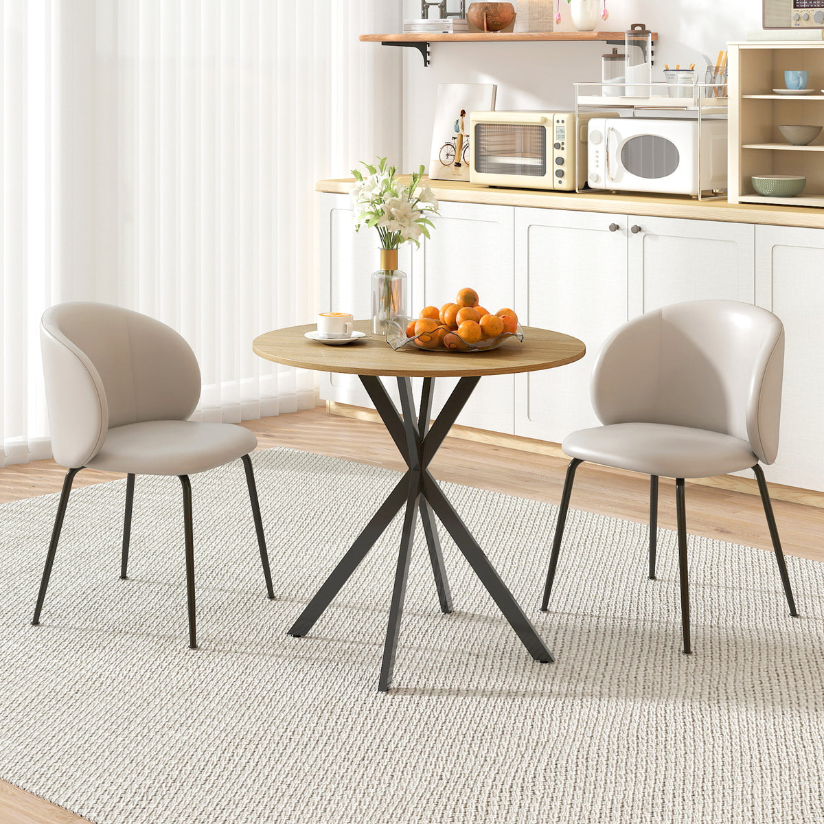 Mesa de comedor redonda para 2 personas con tablero efecto madera y base cruzada de acero, blanco roble