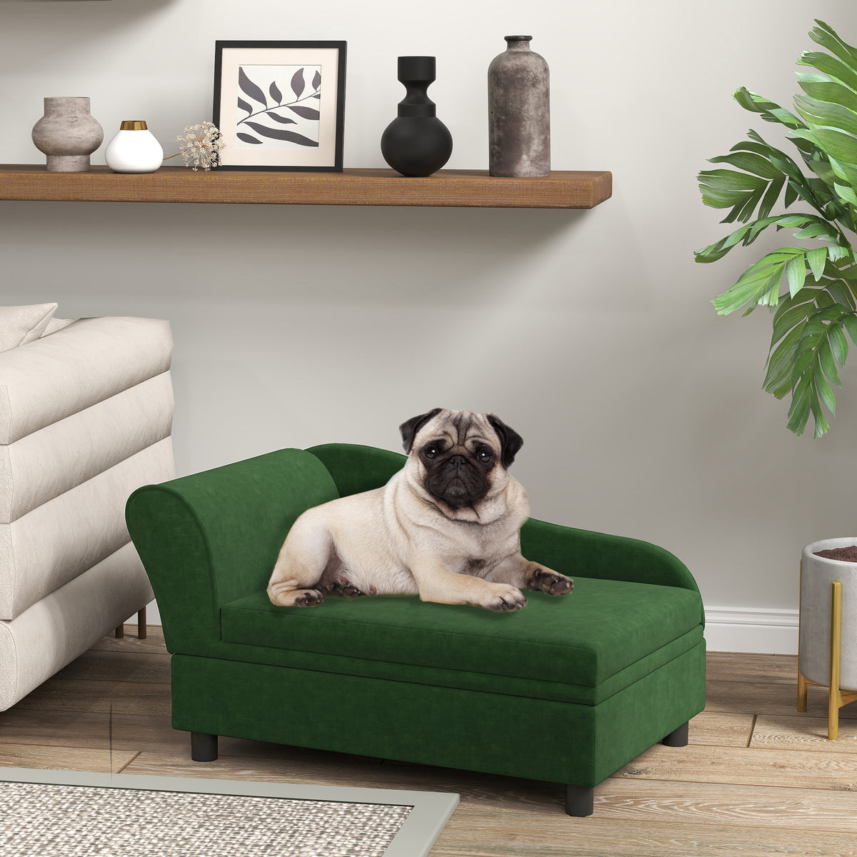 Hond- en kattenbank op pootjes met opbergruimte, moderne stijl, uitneembaar zitkussen, 76 x 45 x 43 cm, groen