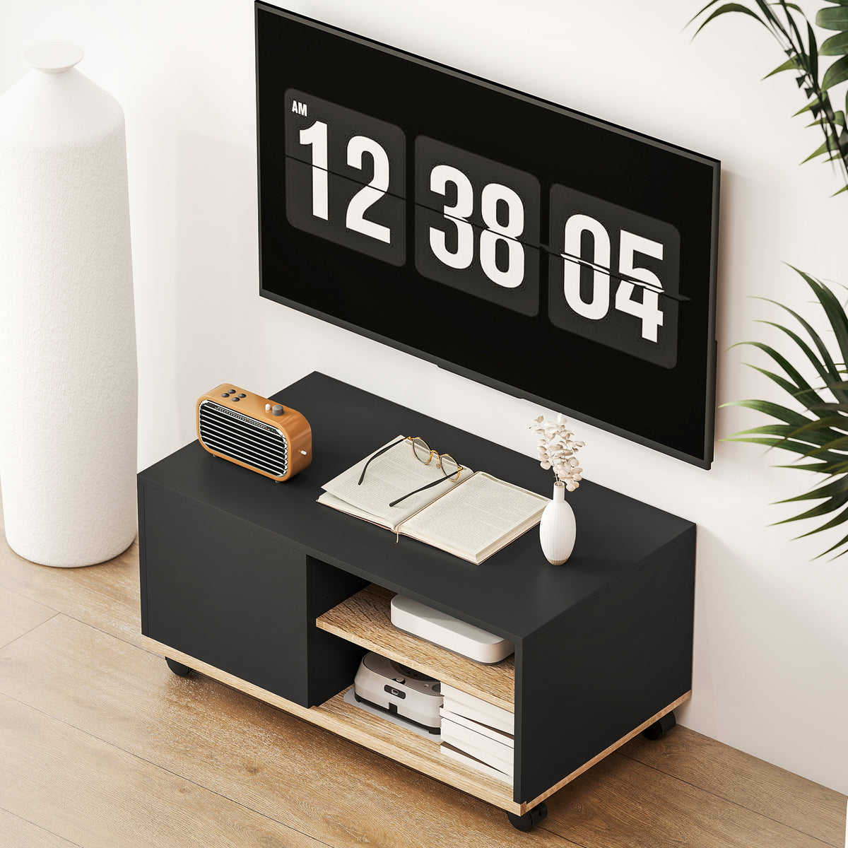Meuble TV sur roulettes avec 2 Freins - 2 niches + Placard Porte 2 Passe-Fil - en bois Noir chêne Clair