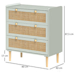 Commode design bohème en rotin avec 3 tiroirs, meuble de rangement pour le salon, le couloir, l'entrée, vert olive