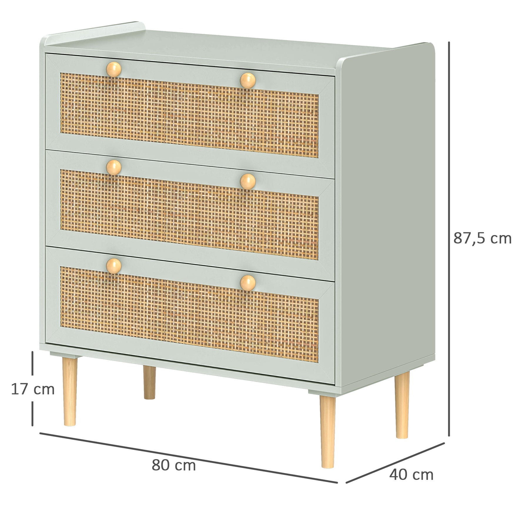 Commode design bohème en rotin avec 3 tiroirs, meuble de rangement pour le salon, le couloir, l'entrée, vert olive
