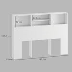 Tête de lit sur pied avec rangements, accessoire de lit 4 compartiments ouverts, 140 x 19 x 103,5 cm, blanc