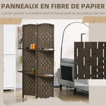 Paravent séparateur de pièce 4 panneaux 160 x170 cm avec 2 étagères, pliable, en bois