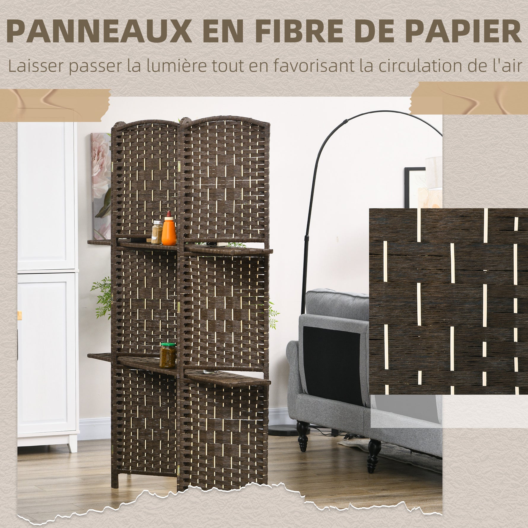 Paravent séparateur de pièce 4 panneaux 160 x170 cm avec 2 étagères, pliable, en bois