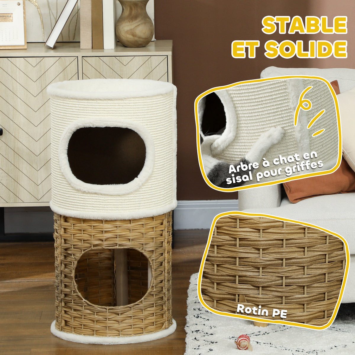 3-laagse binnenkattenmand, kattentoren met sisal krabpaal Ø 40 x 80 cm, crème