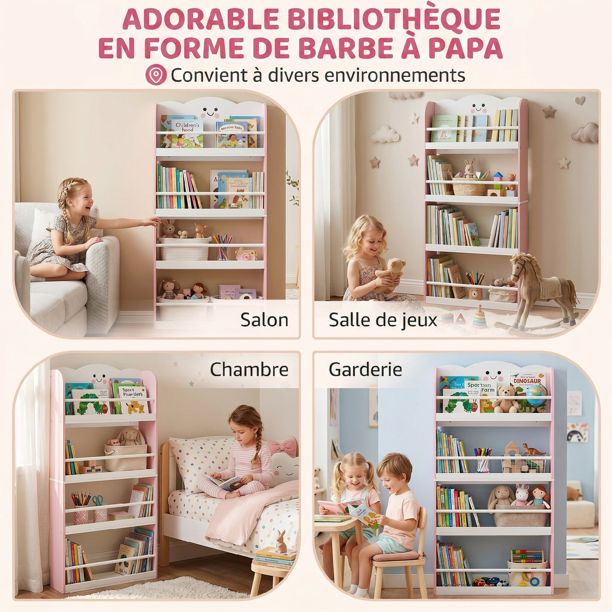 Bibliothèque pour enfant, rangement livre enfant 4 niveaux en thème barbe à papa, 60x12x108cm, rose