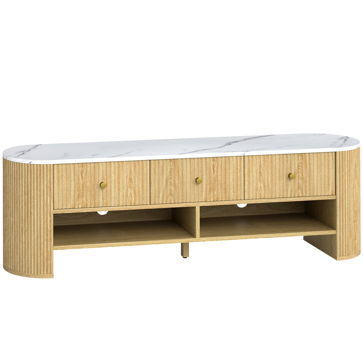 Meuble TV 140 cm, meuble télé pour téléviseur 65 pouces effet marbre 3 tiroirs façades à cannelures effet bois naturel