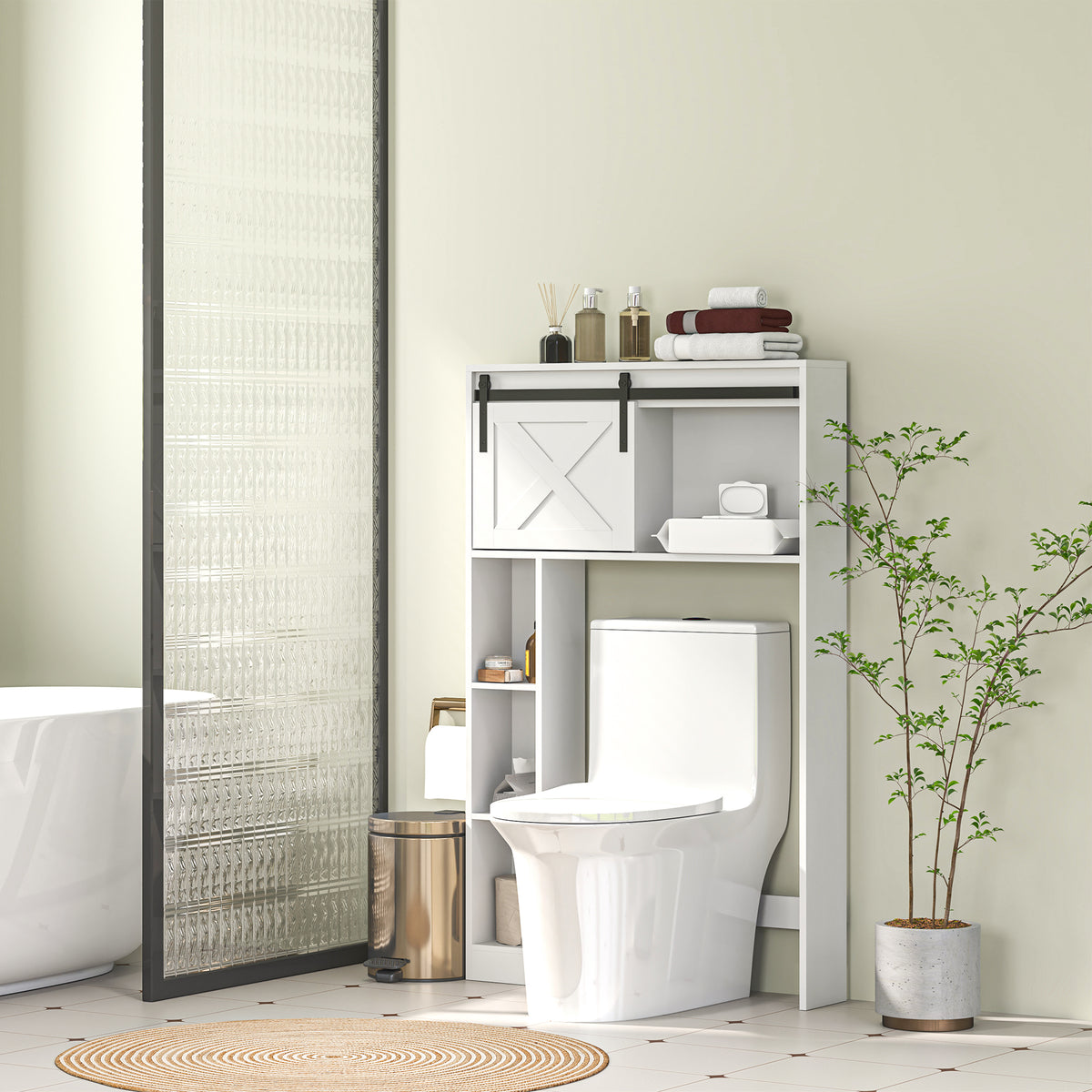 Meuble de rangement au-dessus des toilettes avec porte coulissante, Meuble étagère dessus WC, étagère réglable, blanc