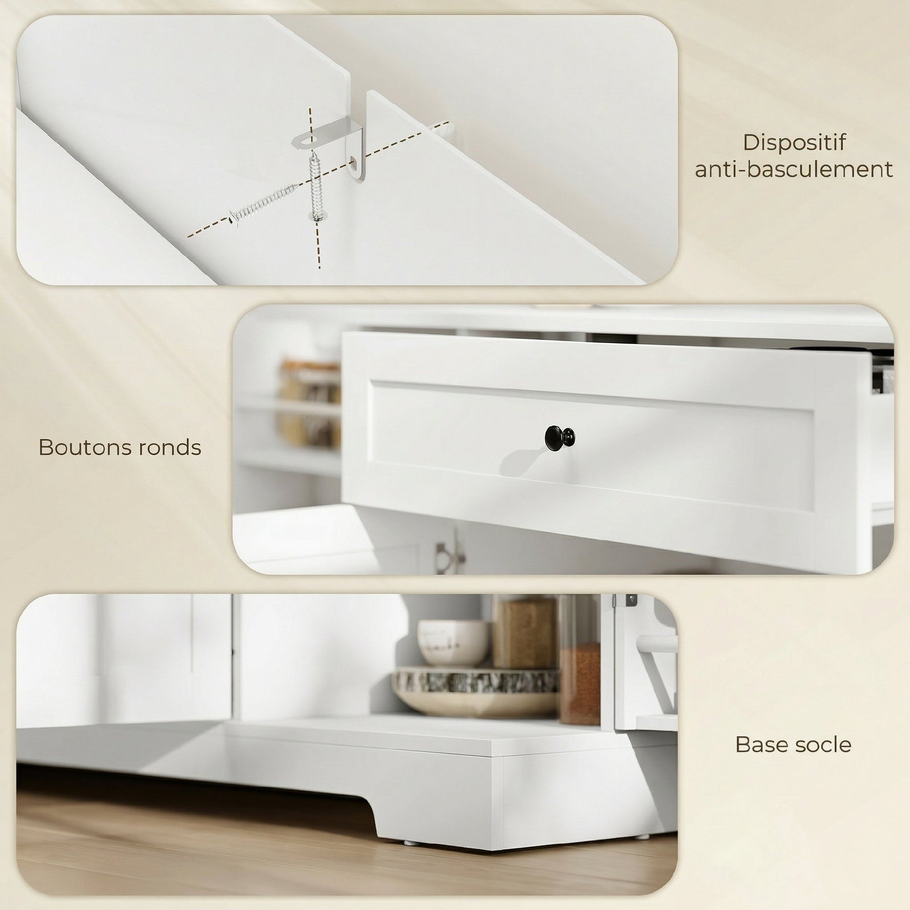 Buffet cuisine, meuble de rangement avec tiroir, 4 portes à fermeture douce, racks-porte et étagères réglables, blanc