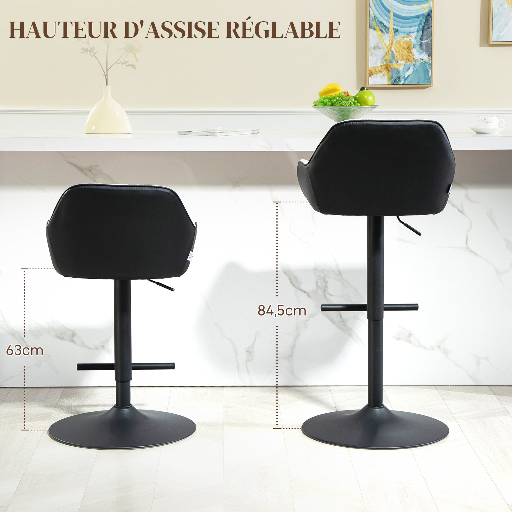 Lot de 2 tabourets de bar chaises de bar hauteur réglable tissu effet lin et base en acier 52,5 x 53 x 86,5-108 cm gris