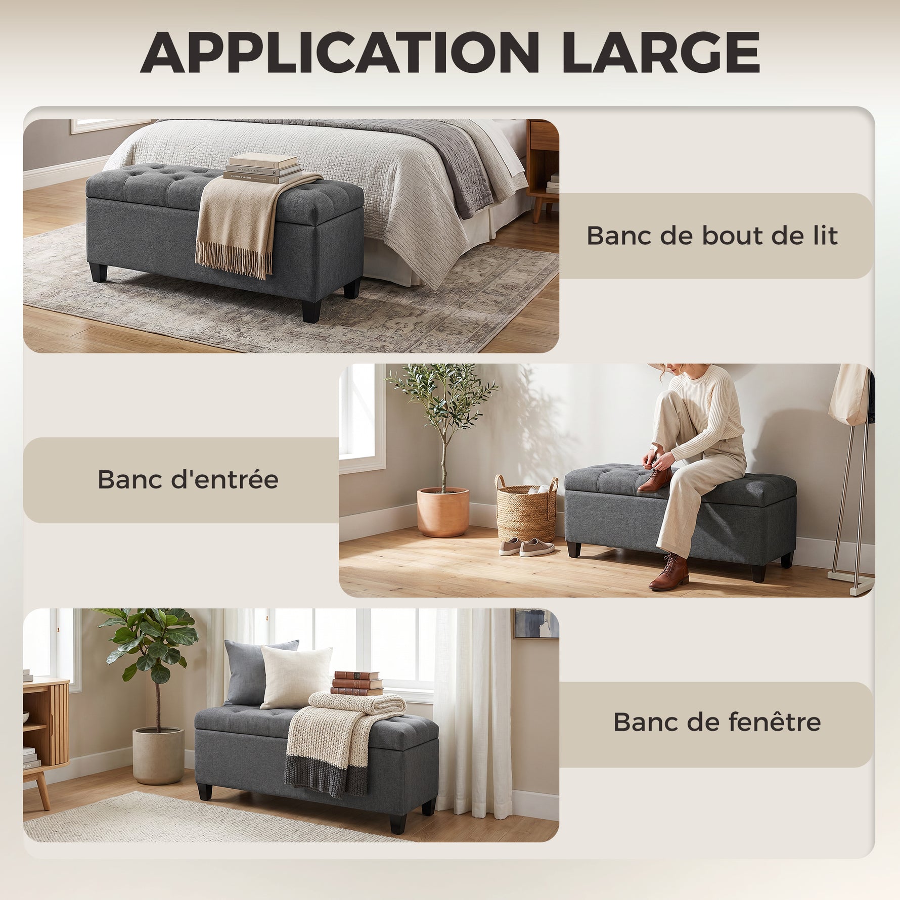 Banc de rangement pouf salon bout de lit coffre de rangement pour salon, chambre, entrée, 100 x 40 x 44 cm, gris foncé