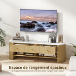 Meuble TV 140 cm, meuble télé pour téléviseur 65 pouces effet marbre 3 tiroirs façades à cannelures effet bois naturel