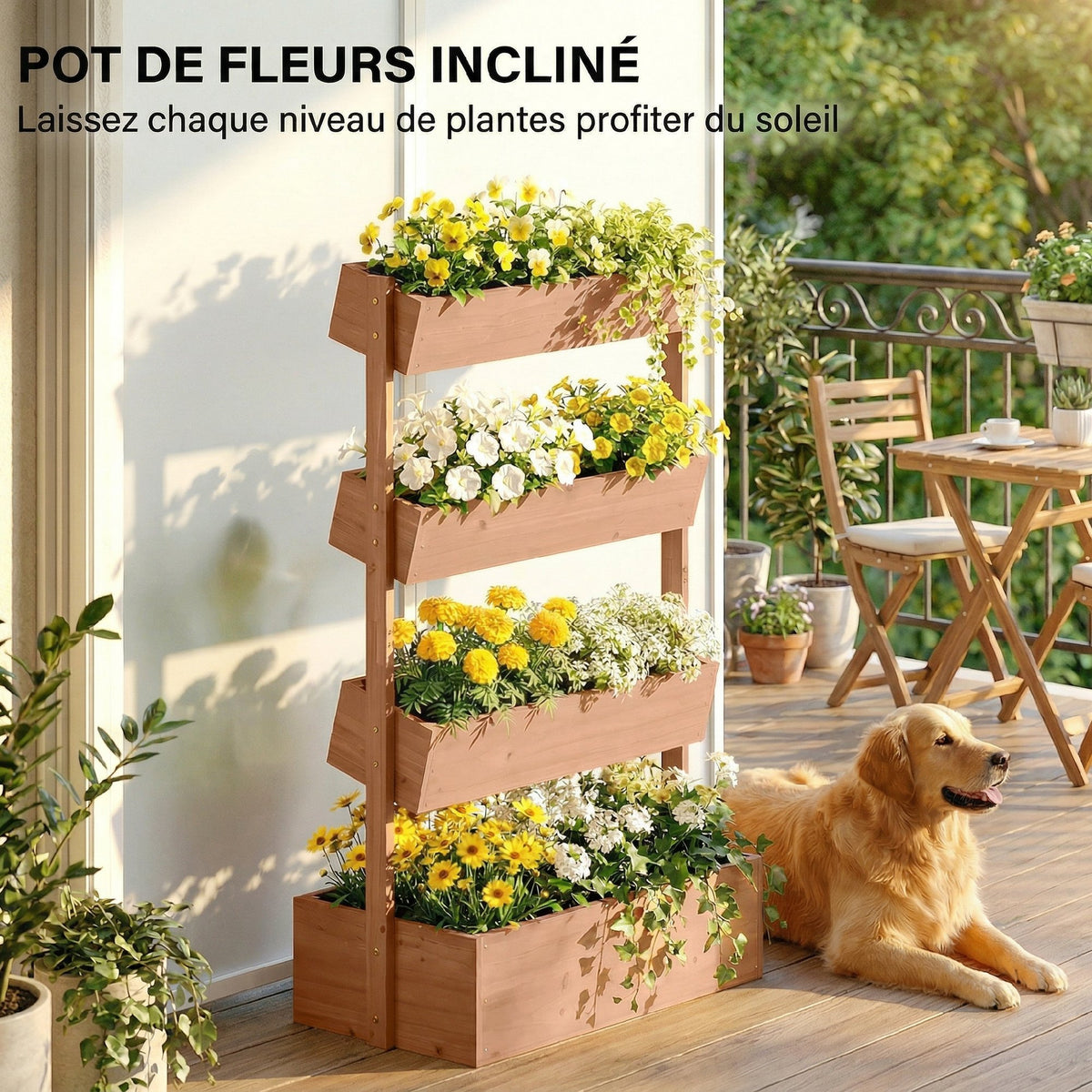 Jardinière Surélevée en Bois avec 4 Étages, avec Trous de Drainage et Doublure en Tissu, 85x45x140cm, Marron
