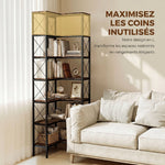 Bibliothèque d'angle à 6 niveaux, meuble de rangement en métal pour salon, chambre, bureau, 60x60x200cm, brun rustique