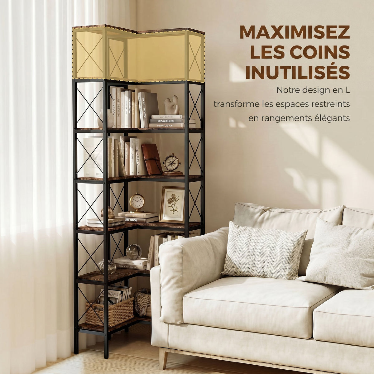 Bibliothèque d'angle à 6 niveaux, meuble de rangement en métal pour salon, chambre, bureau, 60x60x200cm, brun rustique