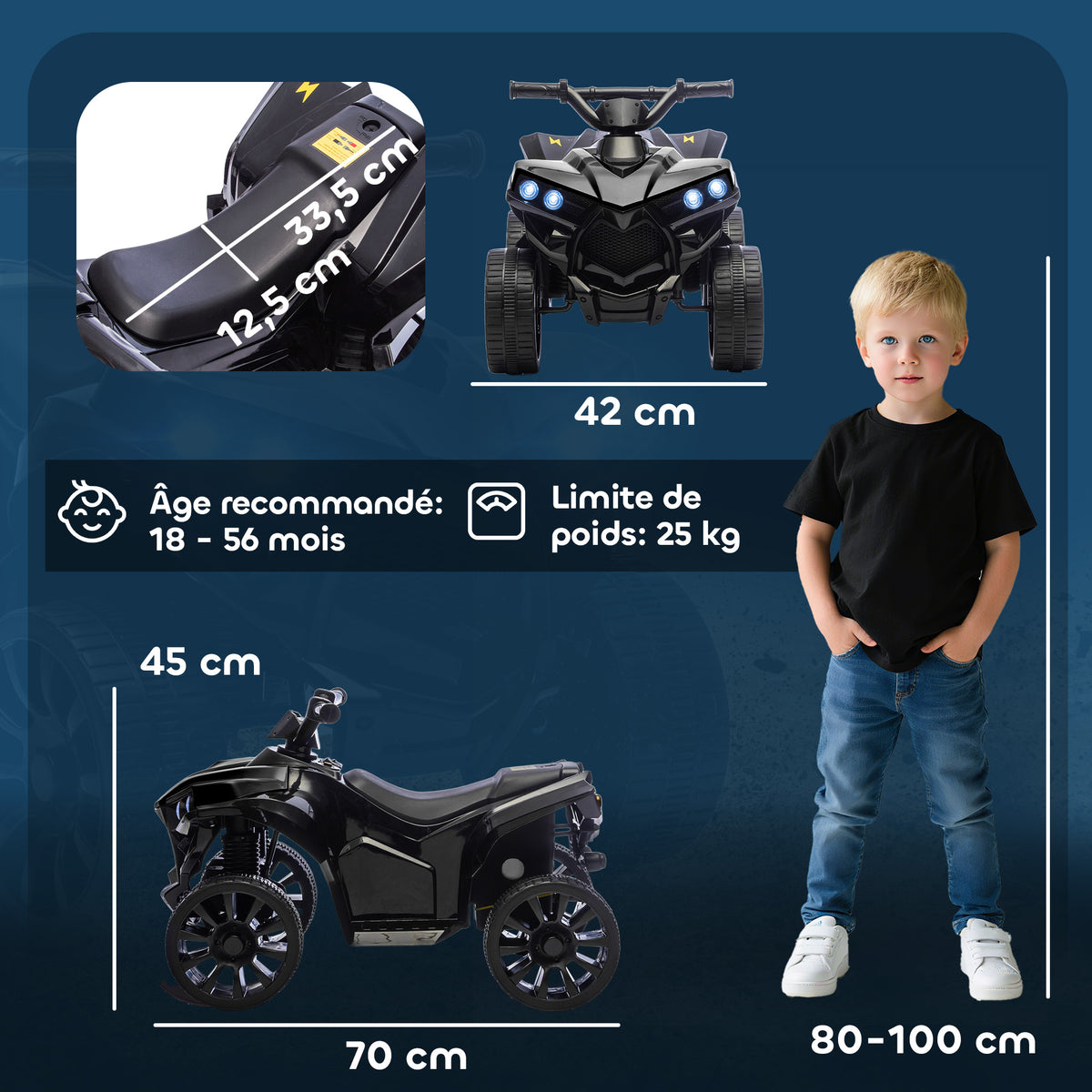 Quad Électrique Enfant 6V, Voiture Électrique Enfants ATV, Musique et Phares LED, 18-56 Mois, 70x42x45cm, Noir