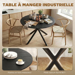 Table à Manger Ronde pour 4 Personnes 100 cm, Style Industriel avec Plateau Aspect Bois, Piètement Croisé en Acier, Noir
