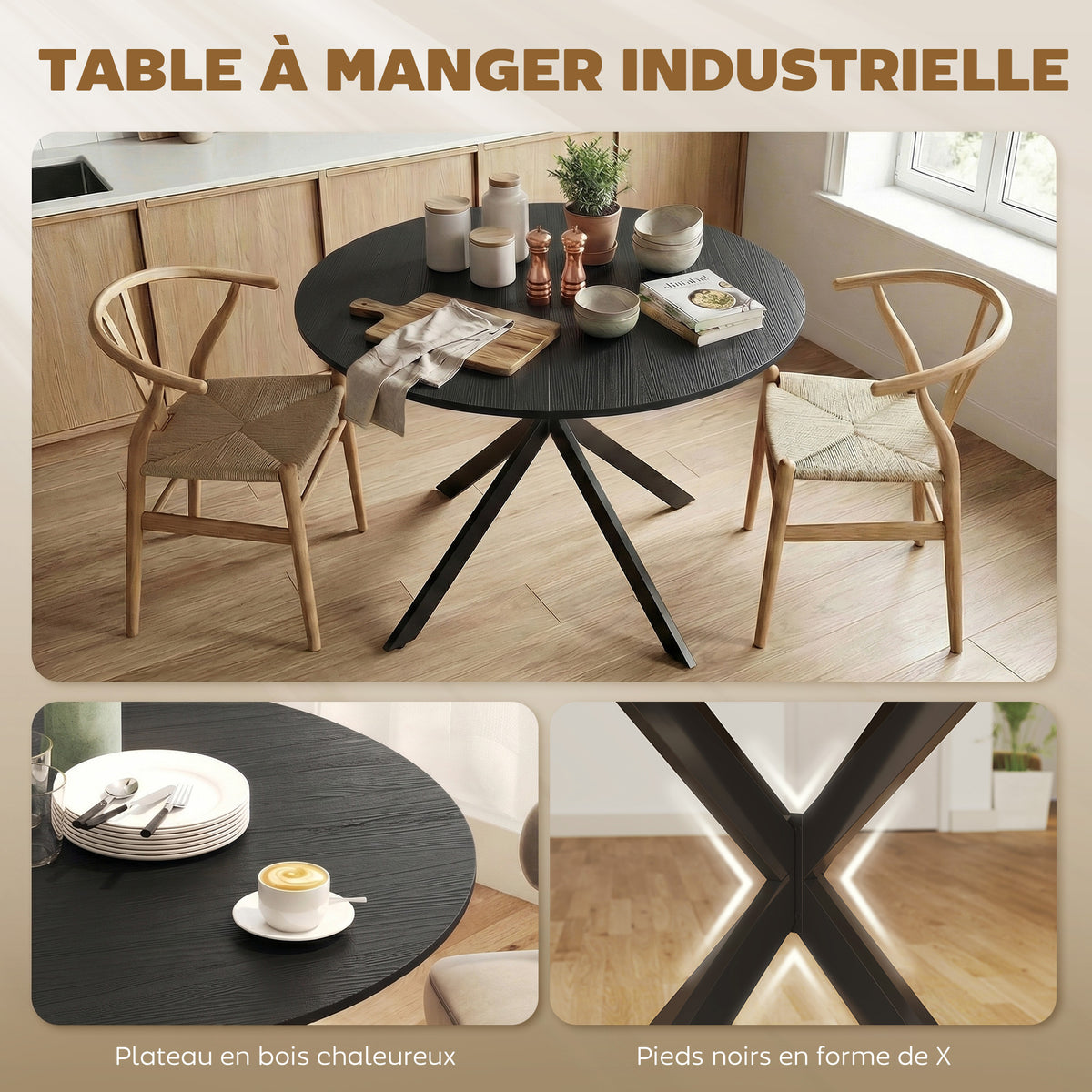 Table à Manger Ronde pour 4 Personnes 100 cm, Style Industriel avec Plateau Aspect Bois, Piètement Croisé en Acier, Noir