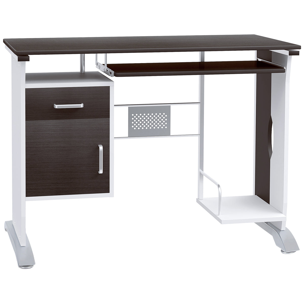 Bureau d'ordinateur, 100 x 52 x 75 cm, bureau avec tablette coulissante pour clavier, tiroirs et support d'unité centrale, table informatique pour étudier noyer foncé et blanc