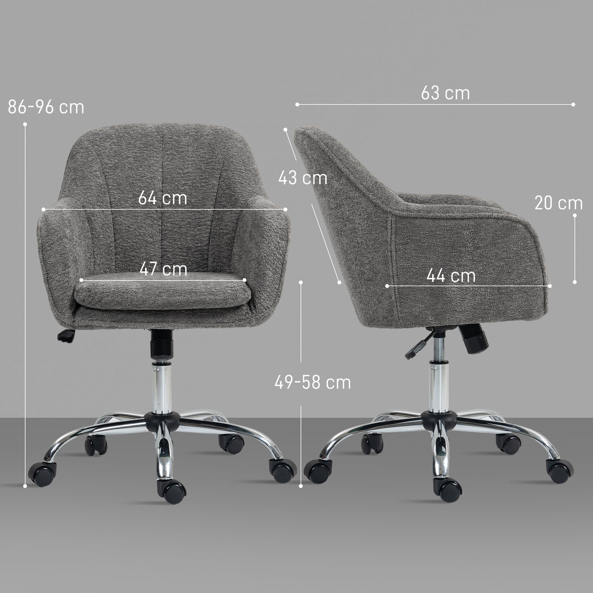 Chaise de bureau, fauteuil de bureau ergonomique réglable en hauteur, siège pivotante, fonction de bascule, gris