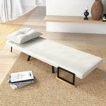 Fauteuil convertible 4 en 1 lit 1 place dossier 5 positions, accoudoirs en bois et coussin, tissu effet velours, crème