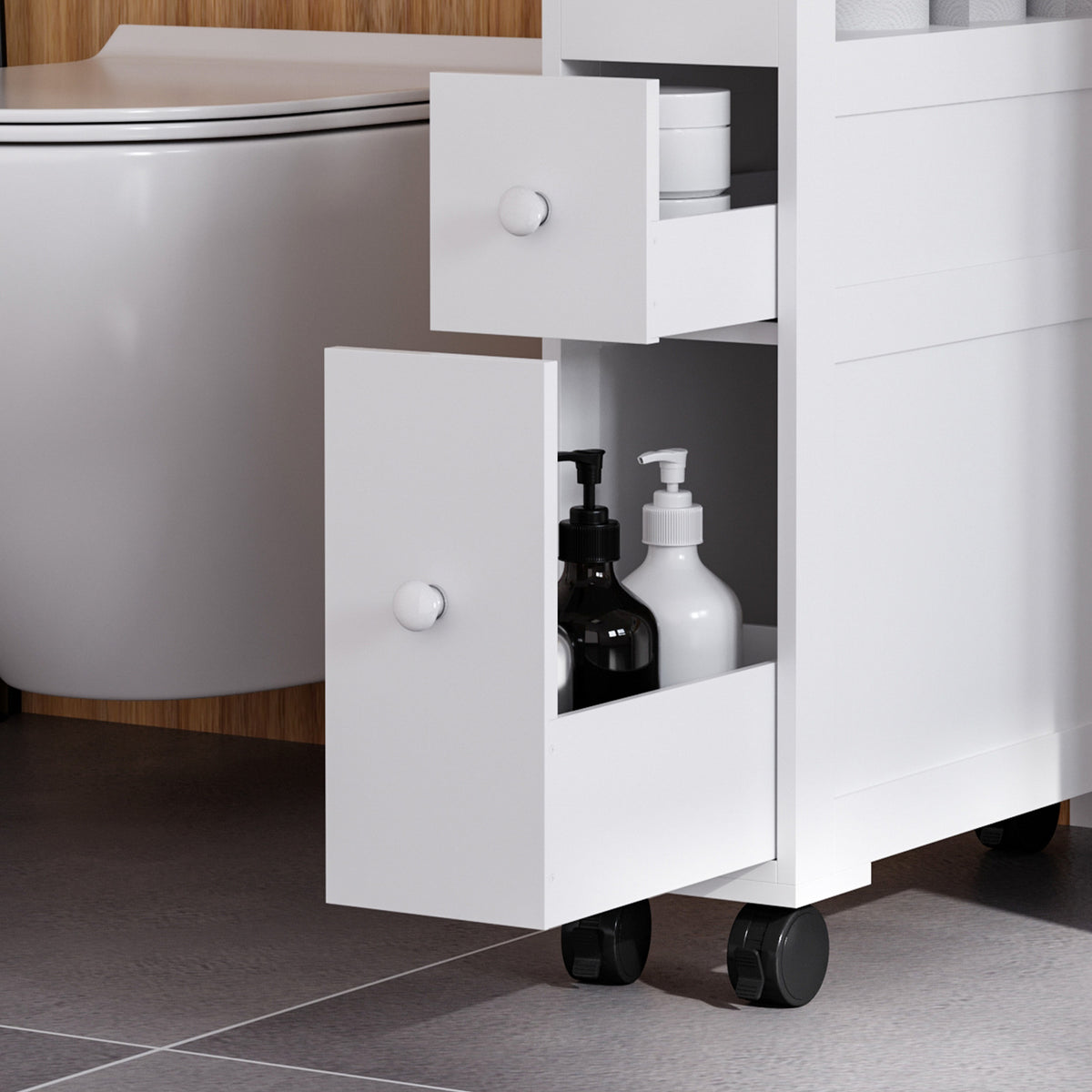 Badezimmer-Rollwagen, WC-Schrank, offenes Regal mit 2 Schubladen, 16 x 52 x 71,5 cm, weiß