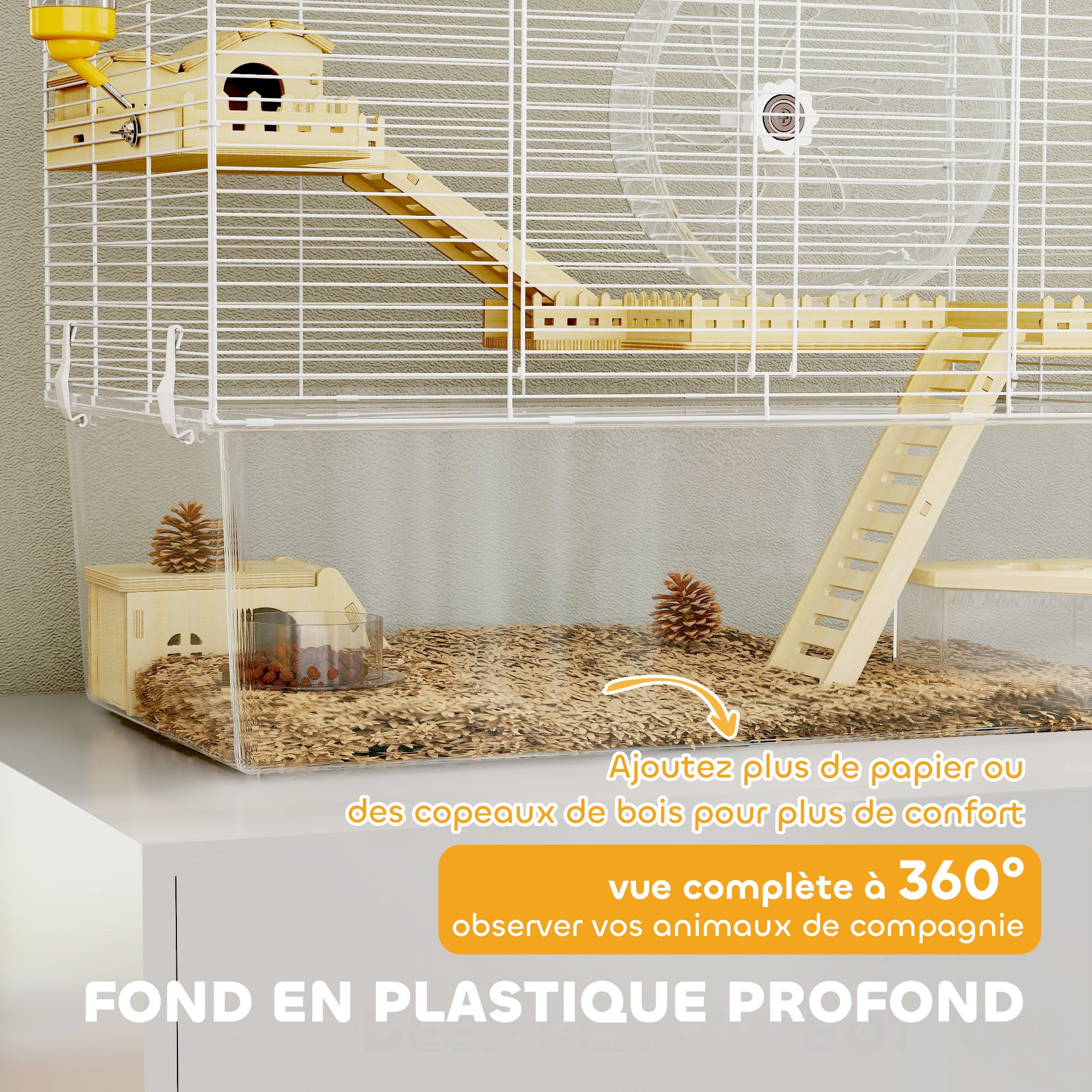 Cage à hamster à 3 niveaux, cage rongeur avec roue d'exercice, plateau profond transparent, 59 x 35,5 x 47 cm, blanc