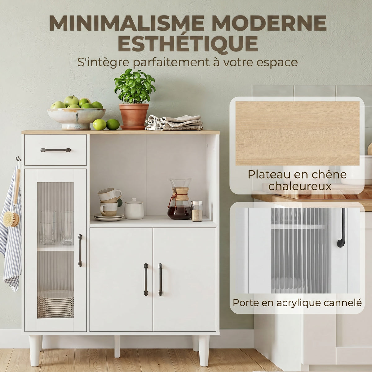 Buffet cuisine, meuble de rangement avec tiroir, 3 portes dont 1 en acrylique cannelée, étagère ouverte, blanc et chêne