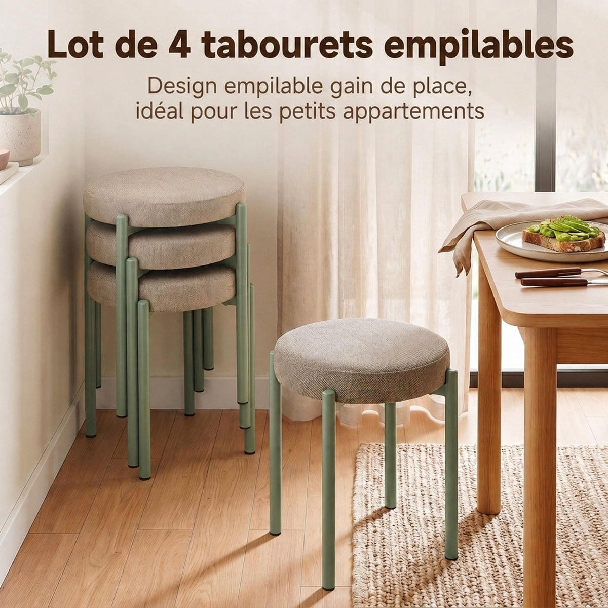 Lot de 4 Tabourets Empilables Ronds avec Assise Rembourrée, sans Dossier, Gain de Place, 45 x 45 x 47,5 cm, Marron Cair