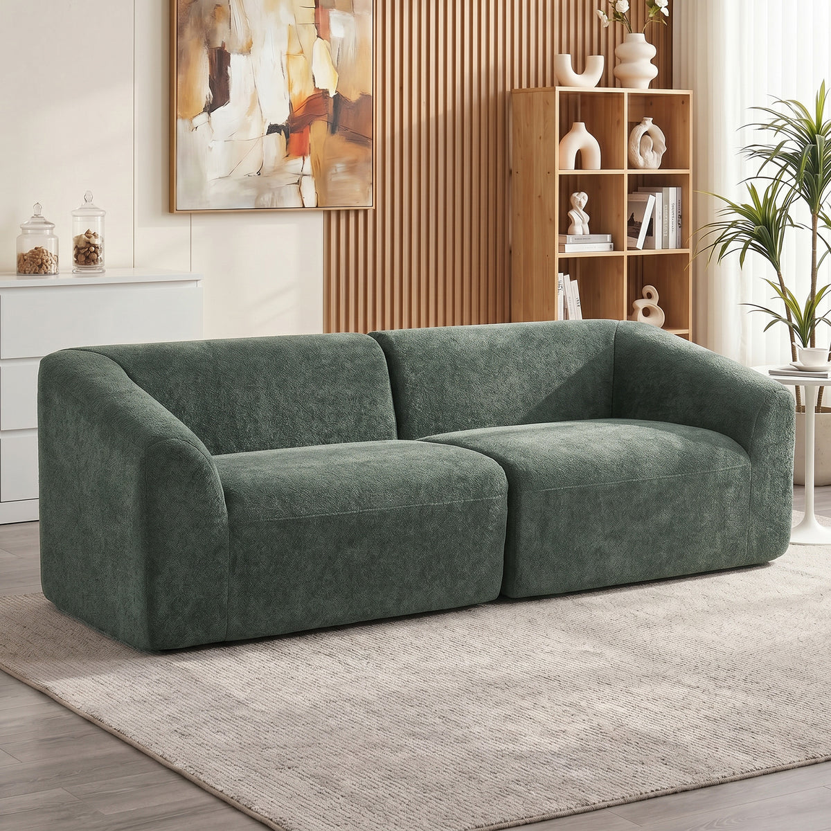 Canapé 3 places en chenille 225 cm, canapé salon rembourré moderne avec assise large, coussin à ressorts, vert foncé
