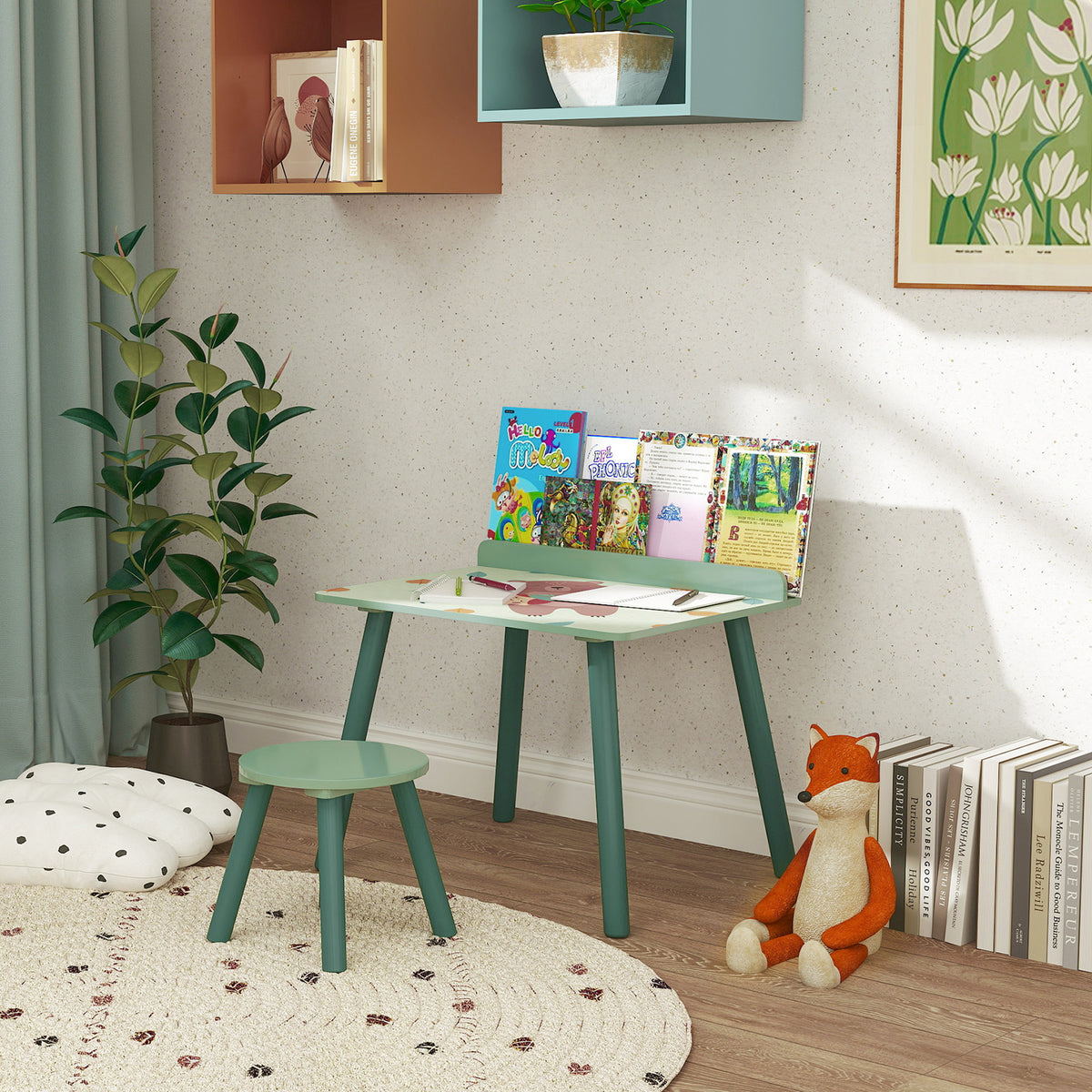 Set tavolo e sedia per bambini con portalibri, motivi orsetto, per bambini dai 3 agli 8 anni, verde