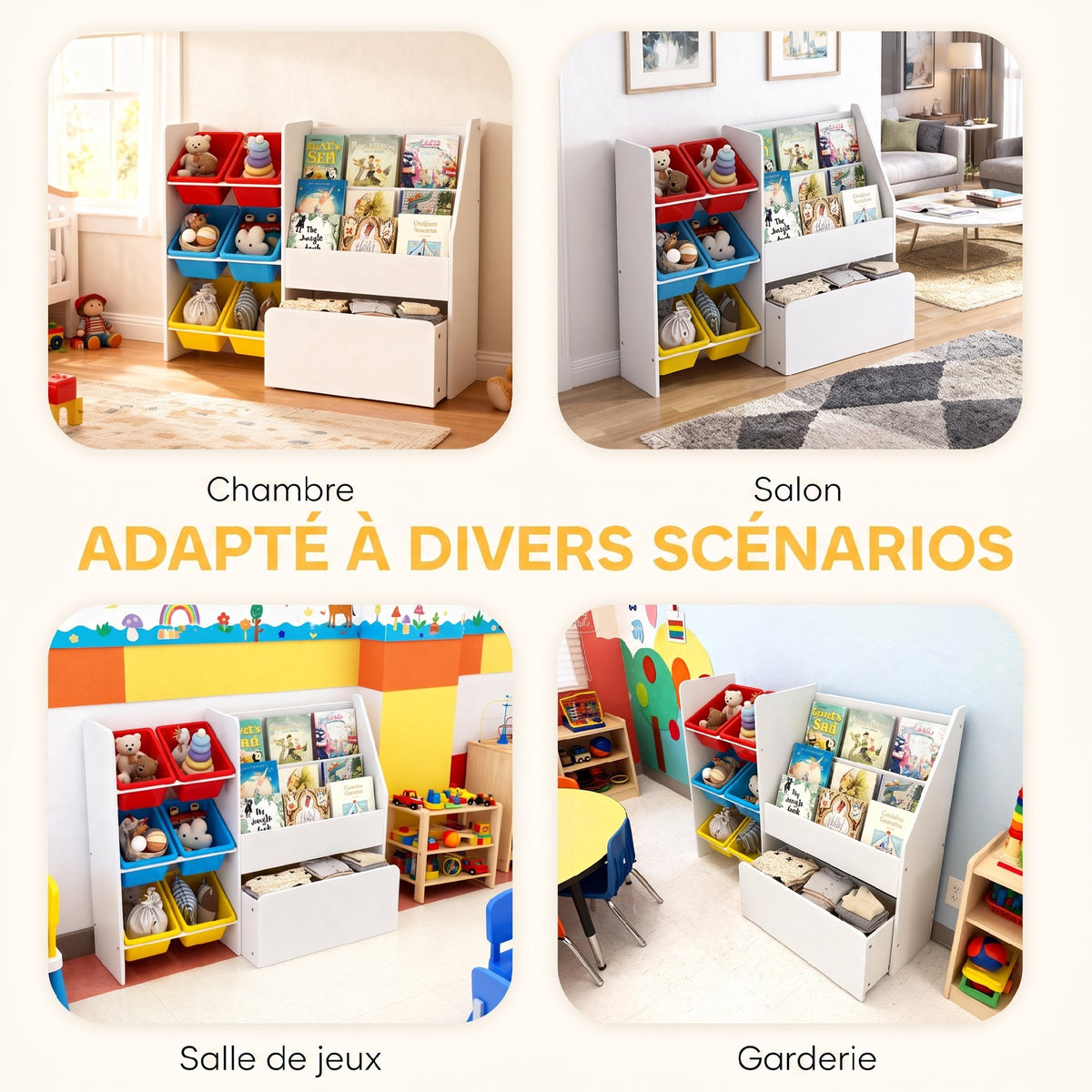 Meuble rangement enfant rangement jouets enfant 6 bacs amovibles et grand coffre à roulettes 100x30x80cm multicolore