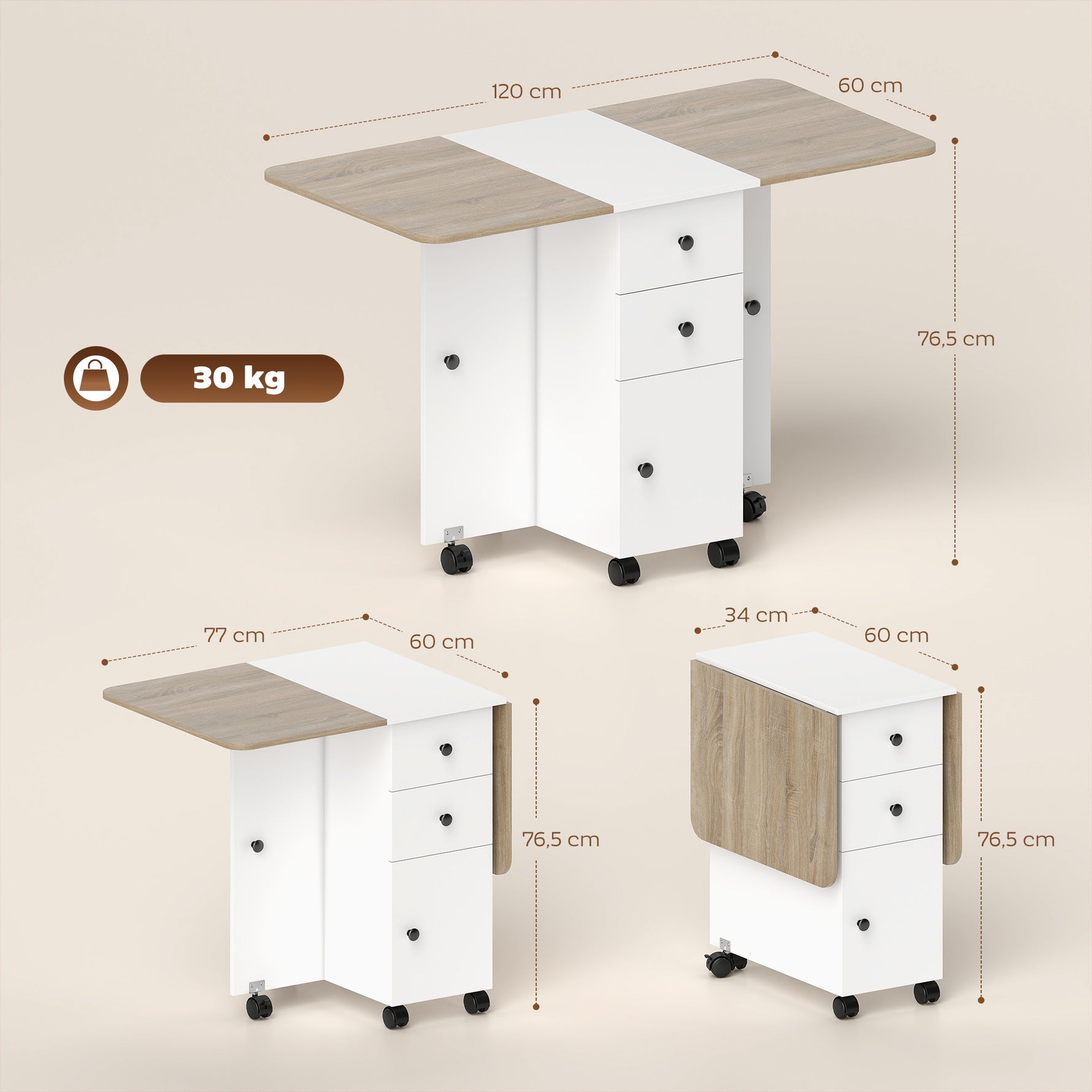 Table de cuisine pliable table à manger pliante 2 plateaux rabattables avec 2 tiroirs 1 placard blanc et chêne